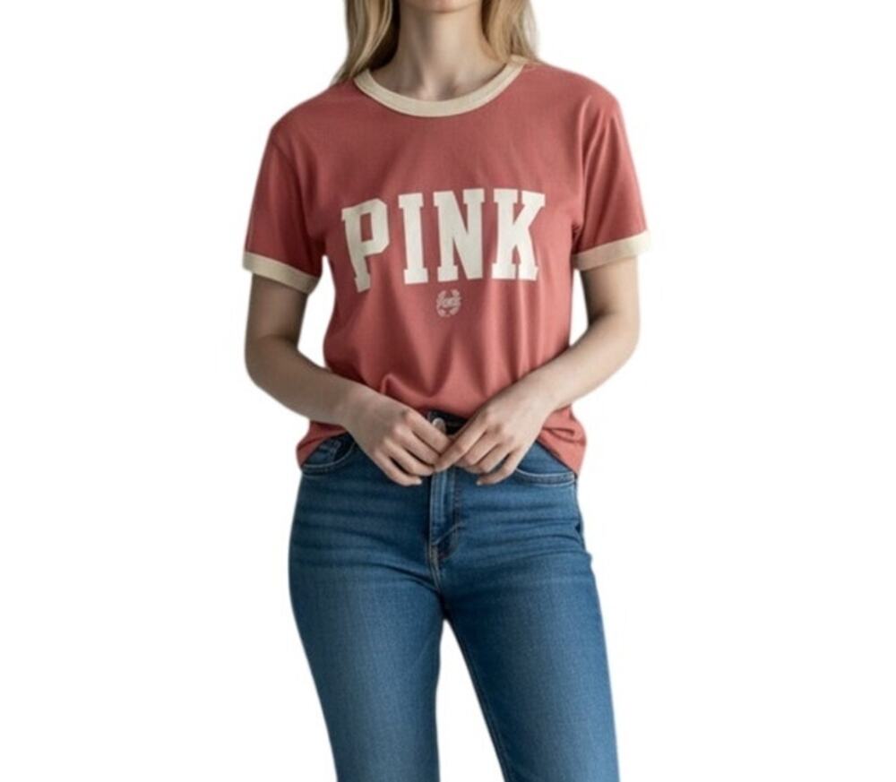 PINK Victoria's Secret Women's Small White Trim Round Neck Short Sleeve T-Shirt